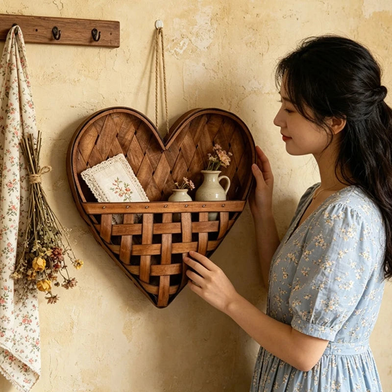 panier mural forme cœur tissage bois rustique cordelette décoration intérieure fleurs séchées horloge bougies