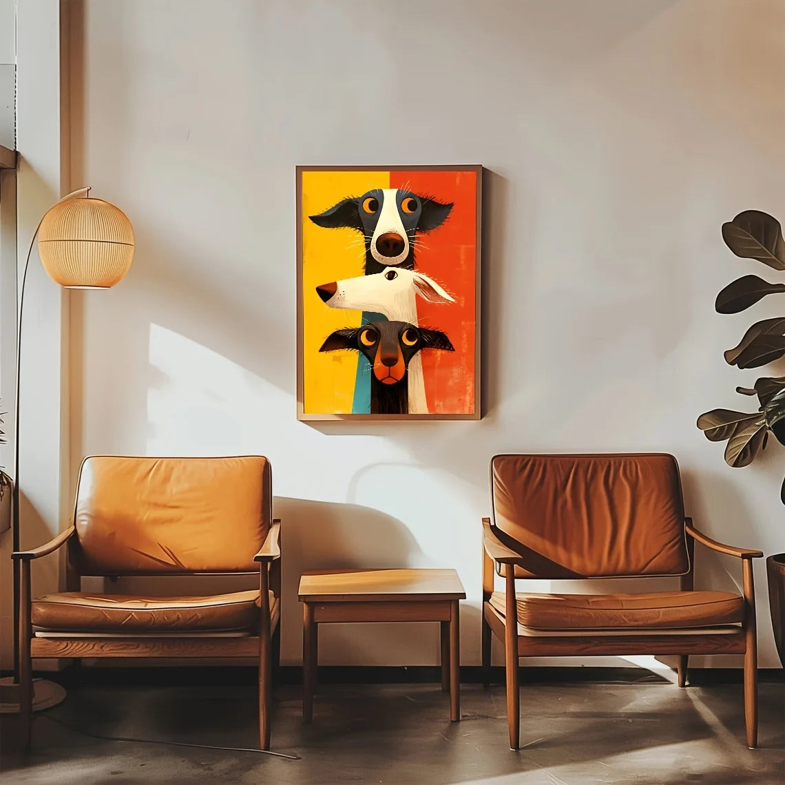 tableau moderne impression toile visage animal stylisé jaune orange bleu opaque décoration chambre sans
