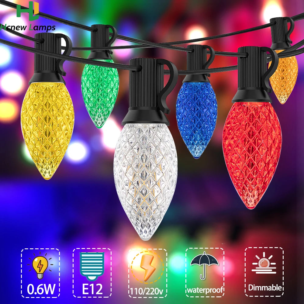 Guirlande lumineuse multicolore C7 LED dans un jardin