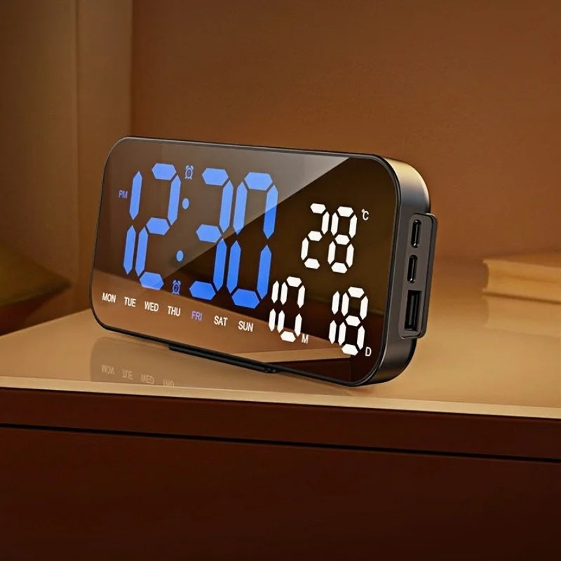 horloge numérique moderne écran led noir bleu blanc réglable luminosité affiche température compteur semaine
