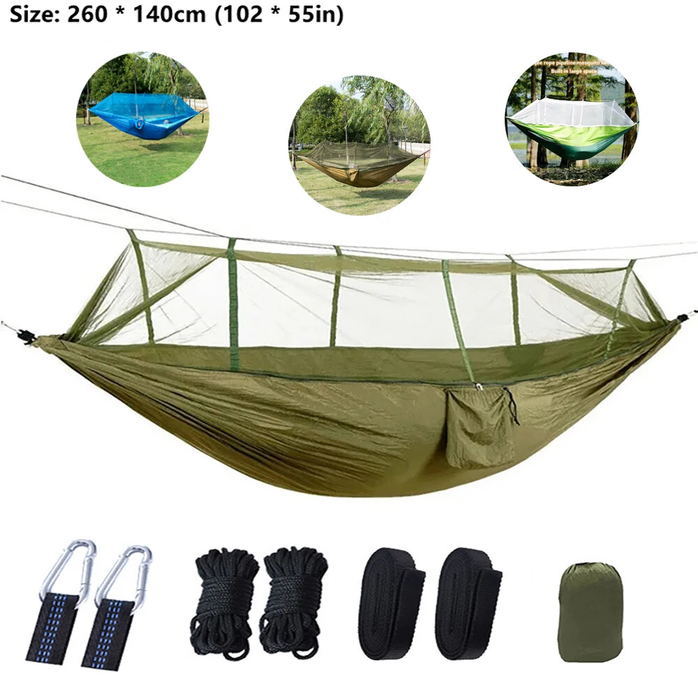 hamac double moustiquaire vert olive blanc tissu confortable transparent pratique léger