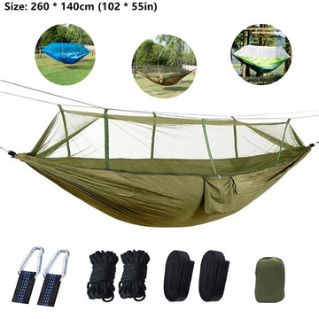 hamac double moustiquaire vert olive blanc tissu confortable transparent pratique léger