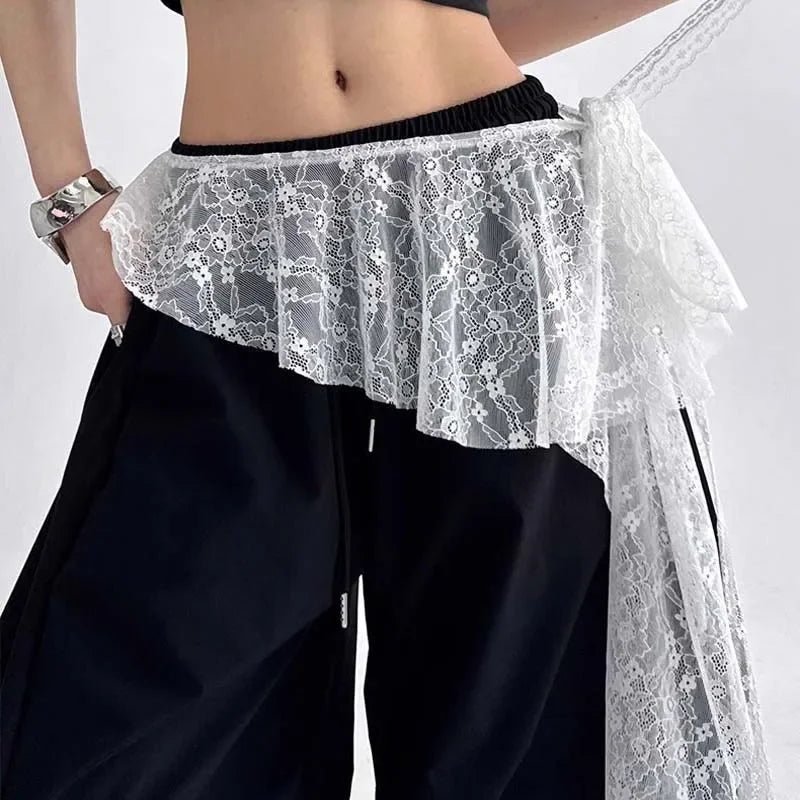 pantalon femme gris clair dentelle élastique moderne décontracté transparent y2k one size white