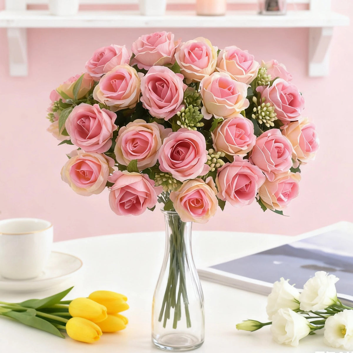 décoration extérieure moderne bouquet roses artificielles soie blanc rouge anniversaire mariage