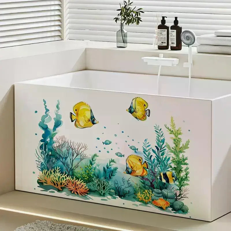 sticker mural poissons océan coraux algues adhésif salle bain résistant eau bleu vert jaune