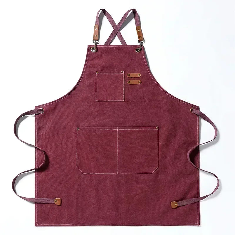 tablier toile coton gris classique poche fermeture boucles métal vintage cuisine chef