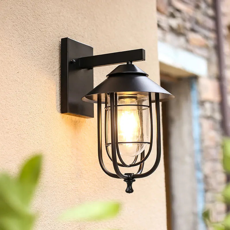 lampe murale vintage industrielle cage métallique verre transparent noir fixée mur plaque fixation