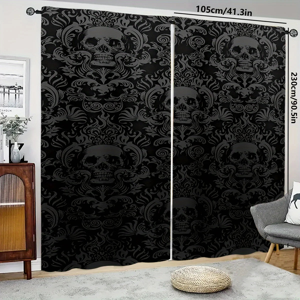 rideau gothique crânes stylisés noir gris opacité moderne deux panneaux polyester chambre bureauhôtel