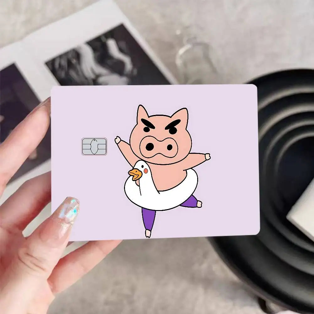 autocollants protection cartes bancaires dessins animés personnages porc oiseau violet vert blanc illustration