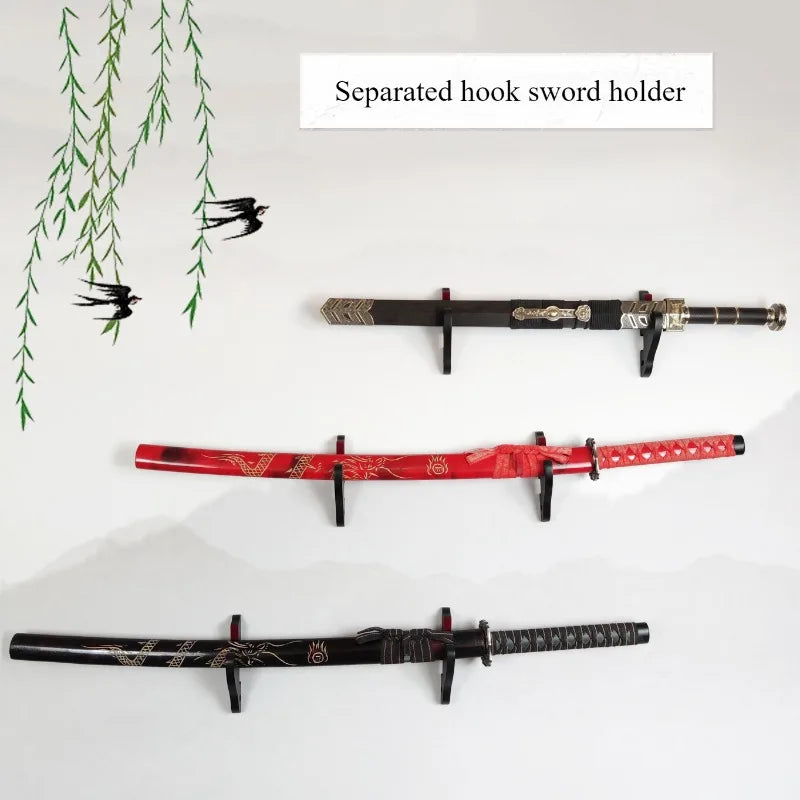 supports muraux épées décoration asiatique traditionnelle samouraï dragons fleurs multiples niveaux bois clair noir