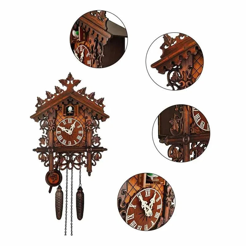 horloge murale coucou marron clair motifs sculptés chiffres romains ancien rustique pendule oiseau