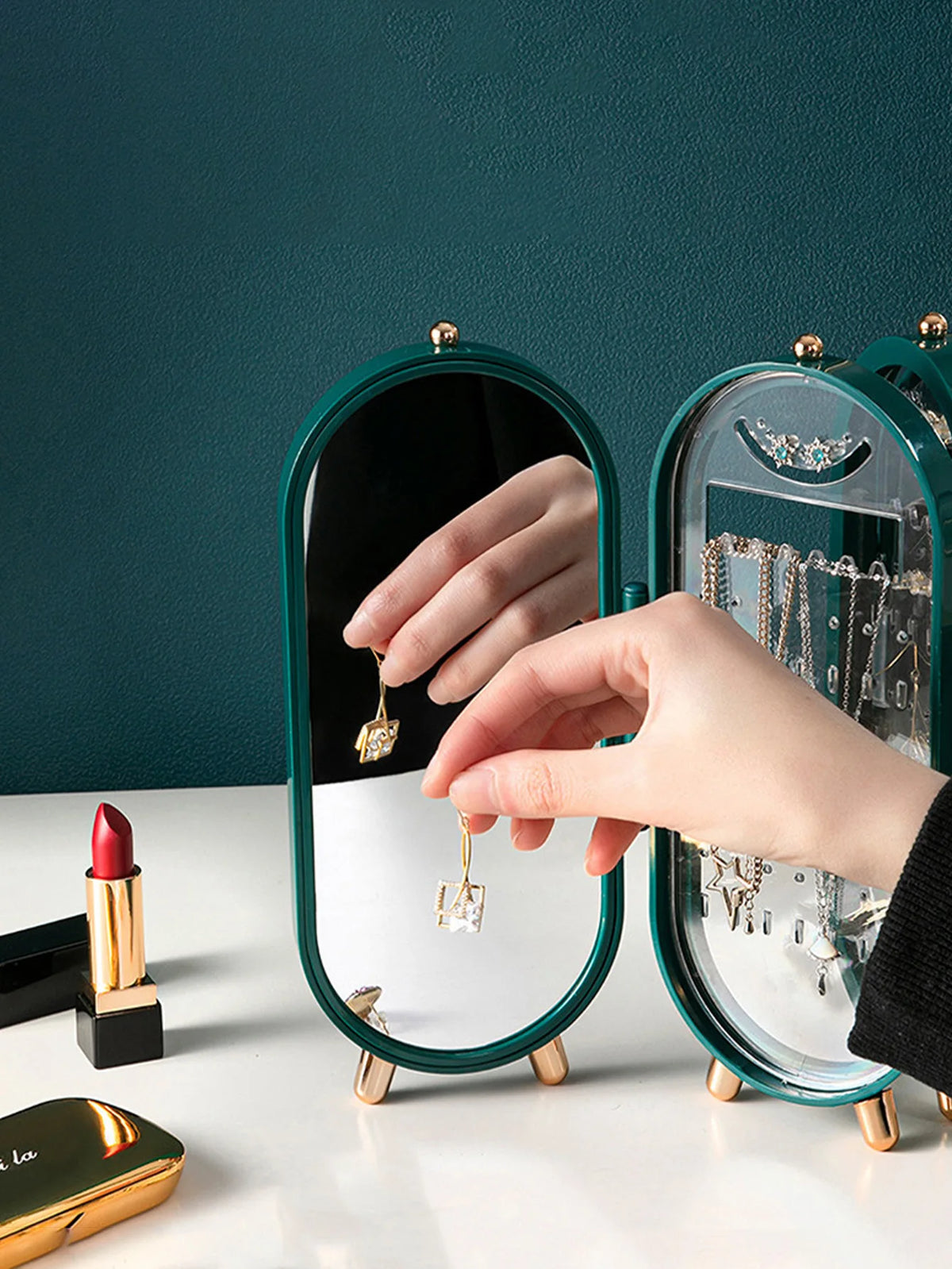 boîte bijoux transparente moderne miroir poignées boucles d'oreilles colliers pendentifs vert blanc portable chambre