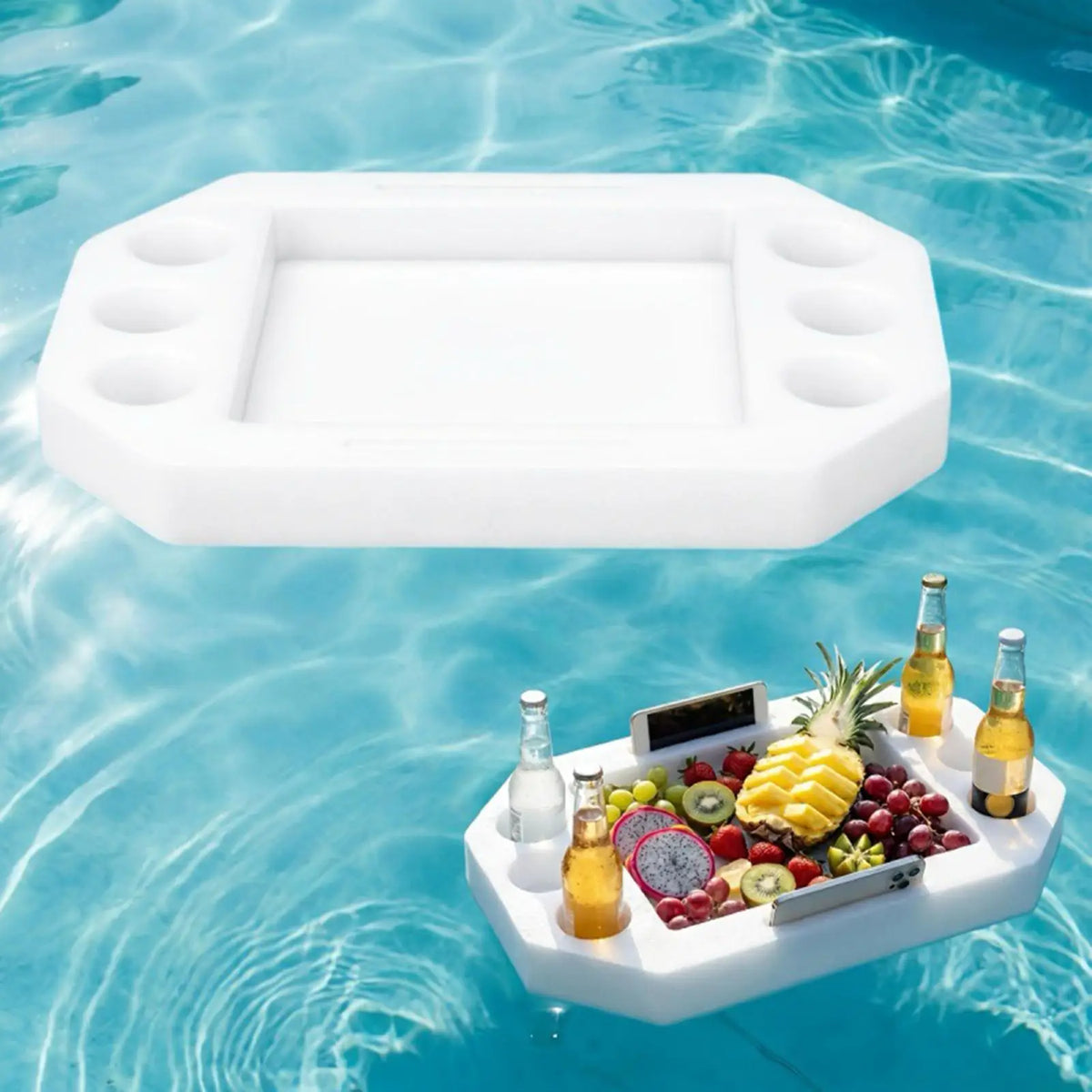 plateau flottant blanc moderne usage piscine plage boissons verres téléphones cocktails