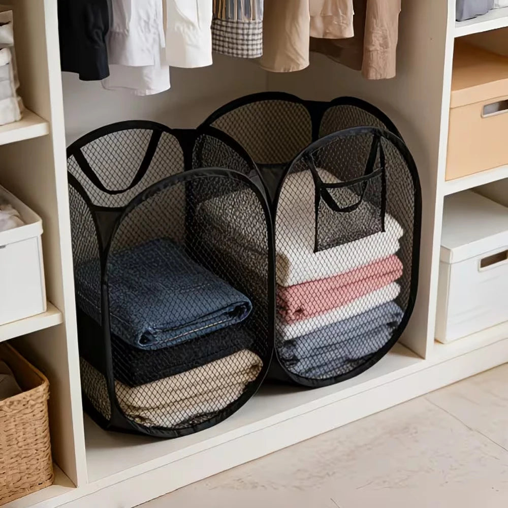 panier linge pliable polyester noir maille moderne poignées poches minimaliste rangement vêtements accessoires maison