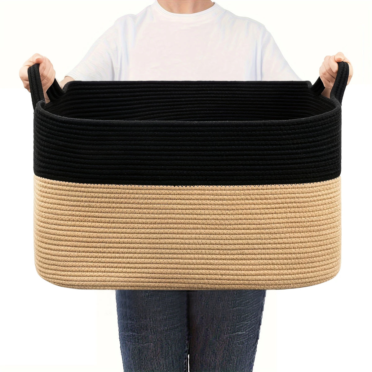 panier rangement tissé polyester pliable beige blanc rayures horizontales moderne rustique
