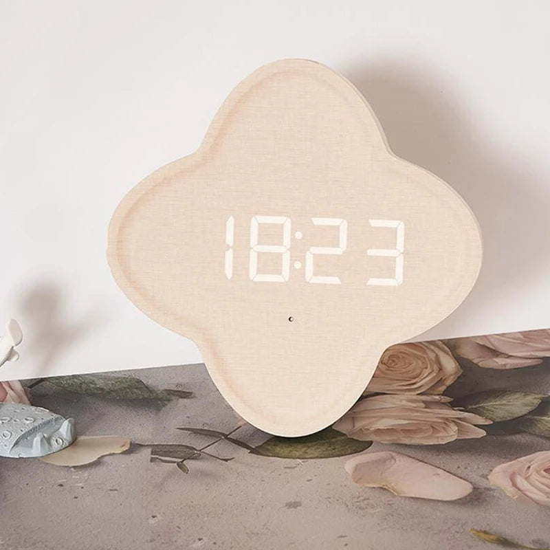 horloge murale led ronde bois naturel affichage numérique date moderne sans tic tac salon