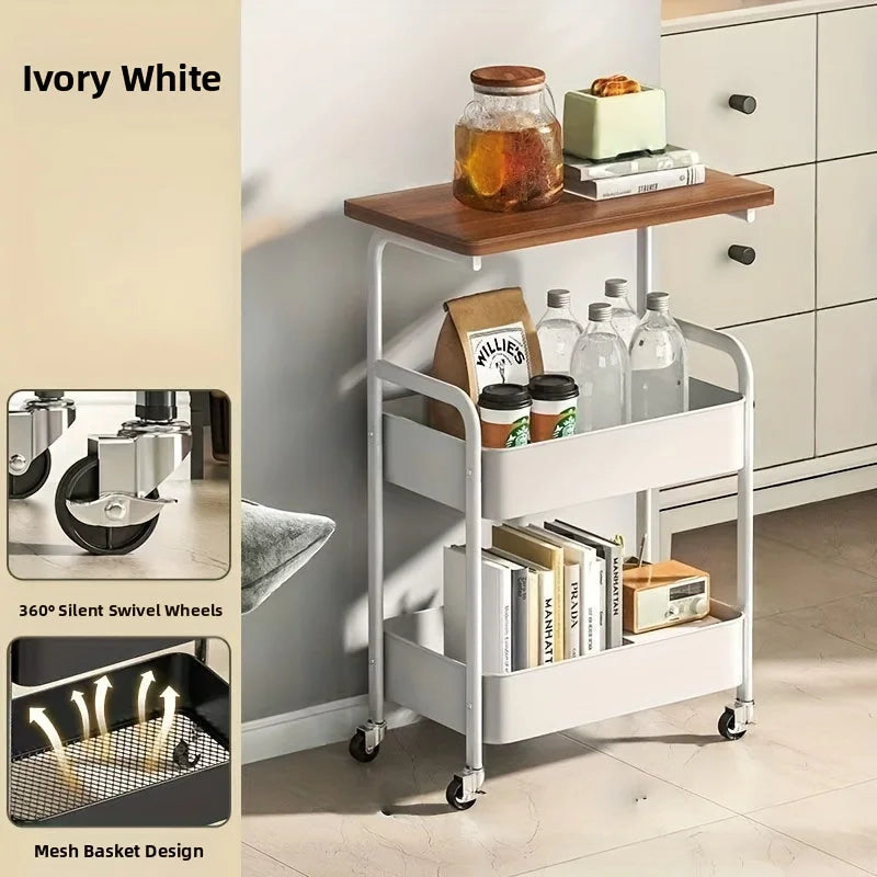 chariot roulant multi niveaux acier inoxydable plateau bois moderne stockage organisation cuisine salle bain