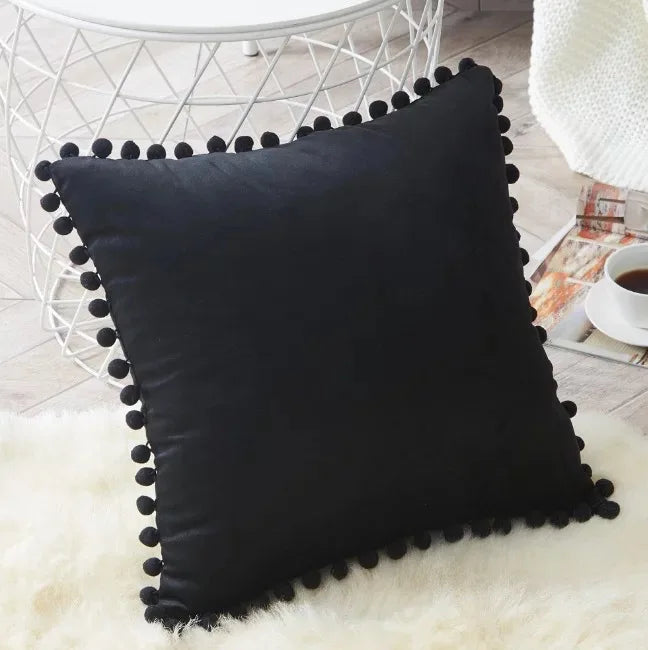 taies d'oreiller velours moderne gris jaune rose bleu blanc pompons non toxique polyester 45x45cm