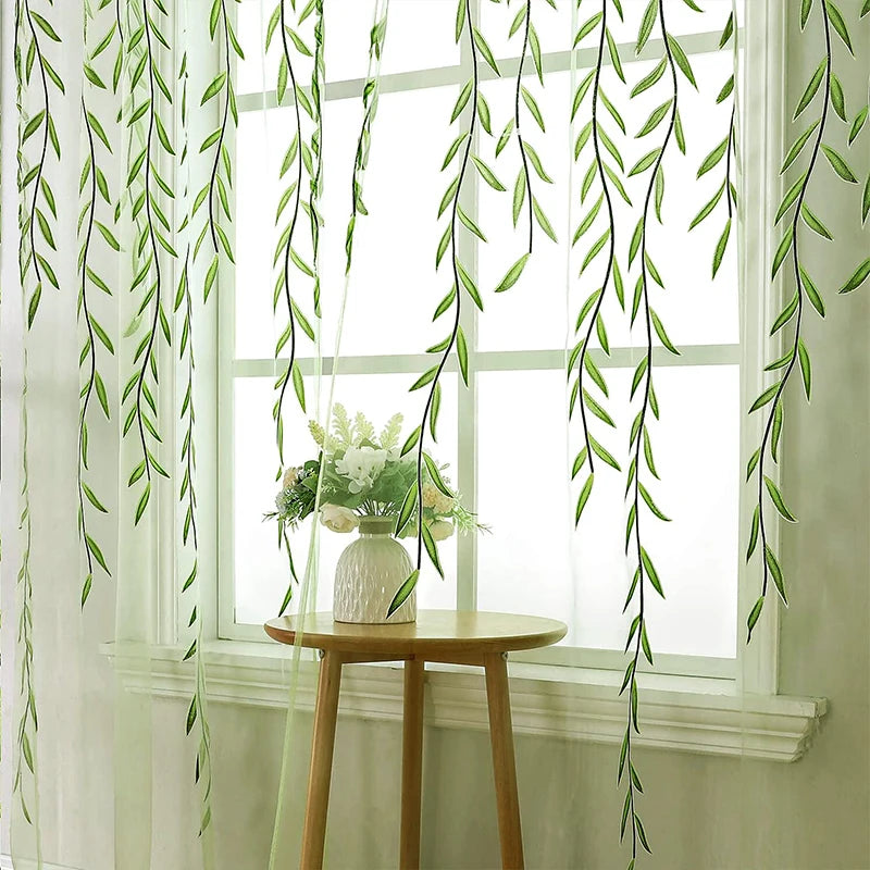 rideaux transparents motifs feuilles verte rose beige salon champêtre bohème poche tringle polyester