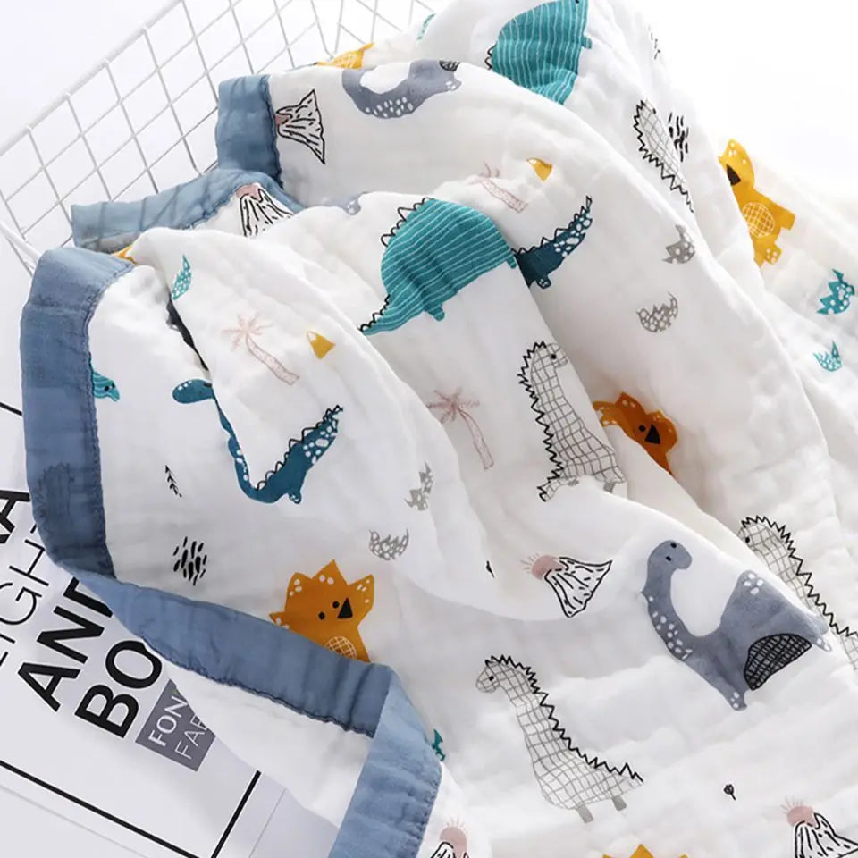 couverture bébé coton imprimé animaux lézard dino lapin blanc bleu gris orange