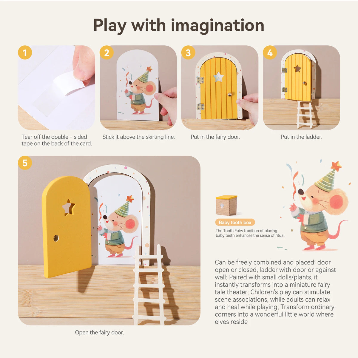décoration murale porte elfe bois miniature souris étoile cœur cadeau enfant fantaisie