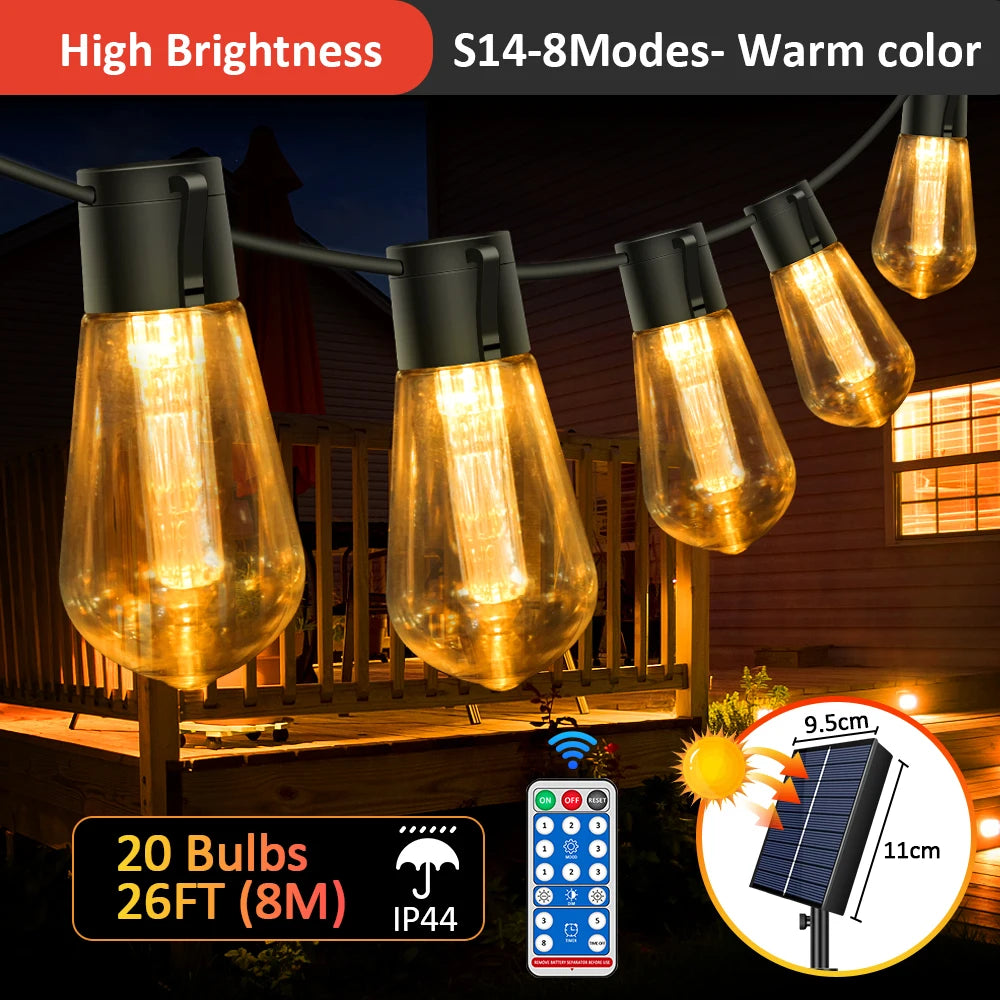 guirlande lumineuse solaire extérieure modes ambrée filaments visibles télécommande led contemporaine