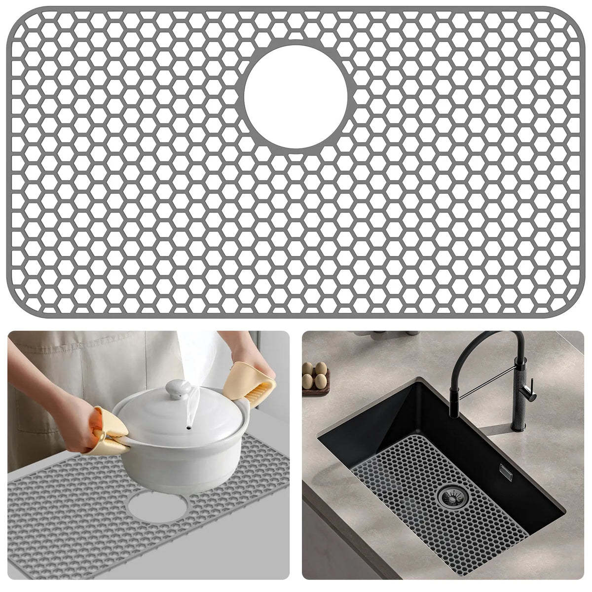 tapis protection évier silicone gris moderne antidérapant nid d'abeille hexagonal central respectueux environnement cuisine