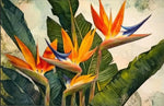 toile d'art moderne fleurs tropicales oiseau paradis abstrait vert orange bleu beige salon maisonDecoration