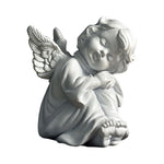 statue ange enfant triste sculpture résine détaillée plumes livres dorés fleurs bleues vintage