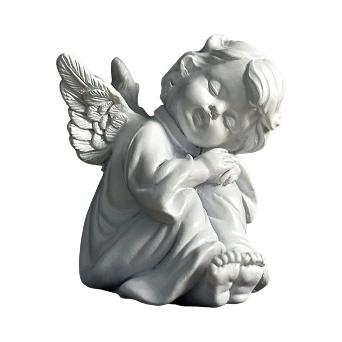 statue ange enfant triste sculpture résine détaillée plumes livres dorés fleurs bleues vintage