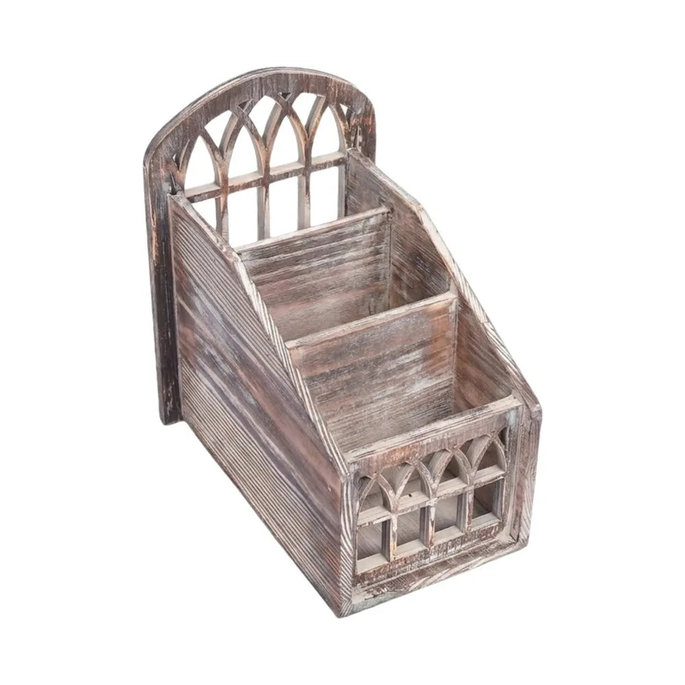 porte radios rustique gothique texture bois motifs géométriques couleurs brun gris noir