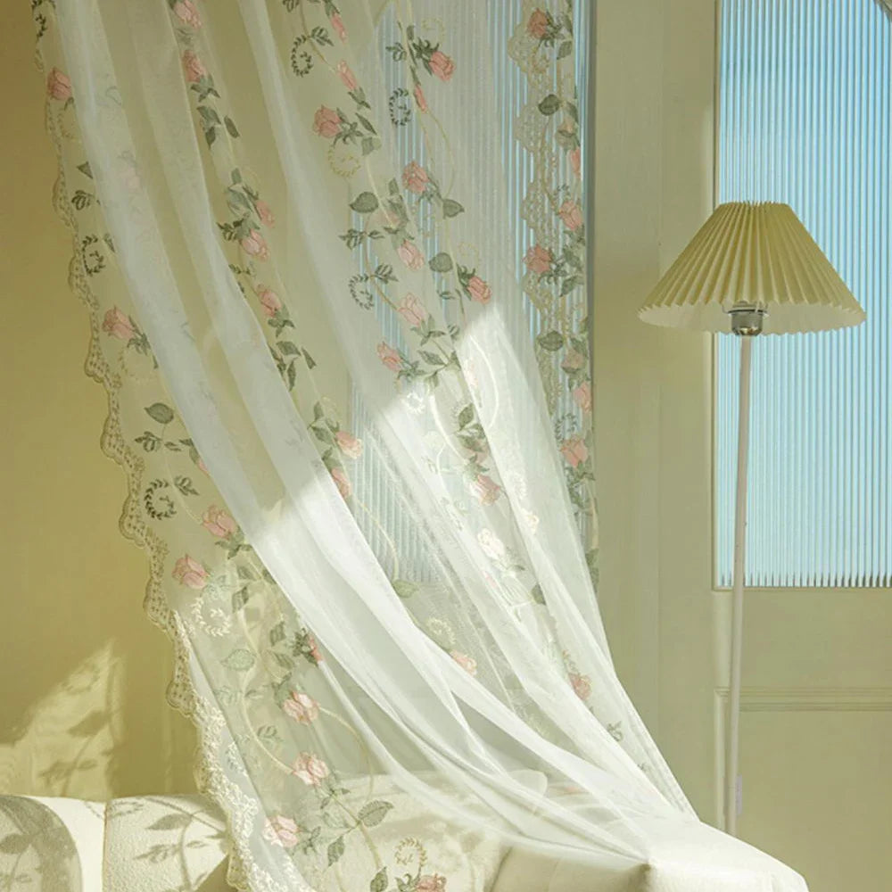 rideau floral transparent rose brodé classique romantique maison chambre filles