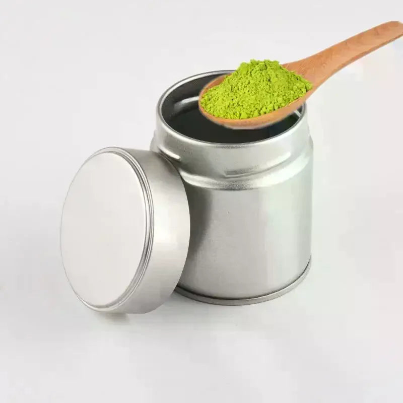 boîte thé matcha argent noir contemporaine cuillère bois opaquet aluminium fcm portable scellée