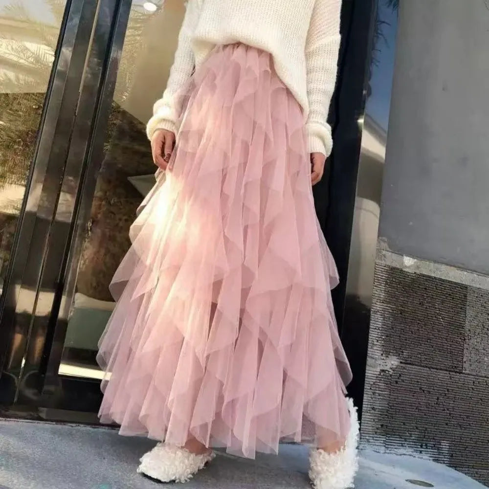 jupe tulle plissée rose noir élégante féminine asymétrique mi mollet translucide junior femme