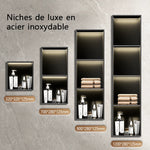 niche rangement acier inoxydable noir moderne quatre niveaux mur lampe intégrée chambre salle bain