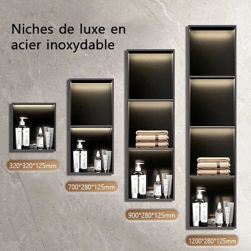 niche rangement acier inoxydable noir moderne quatre niveaux mur lampe intégrée chambre salle bain