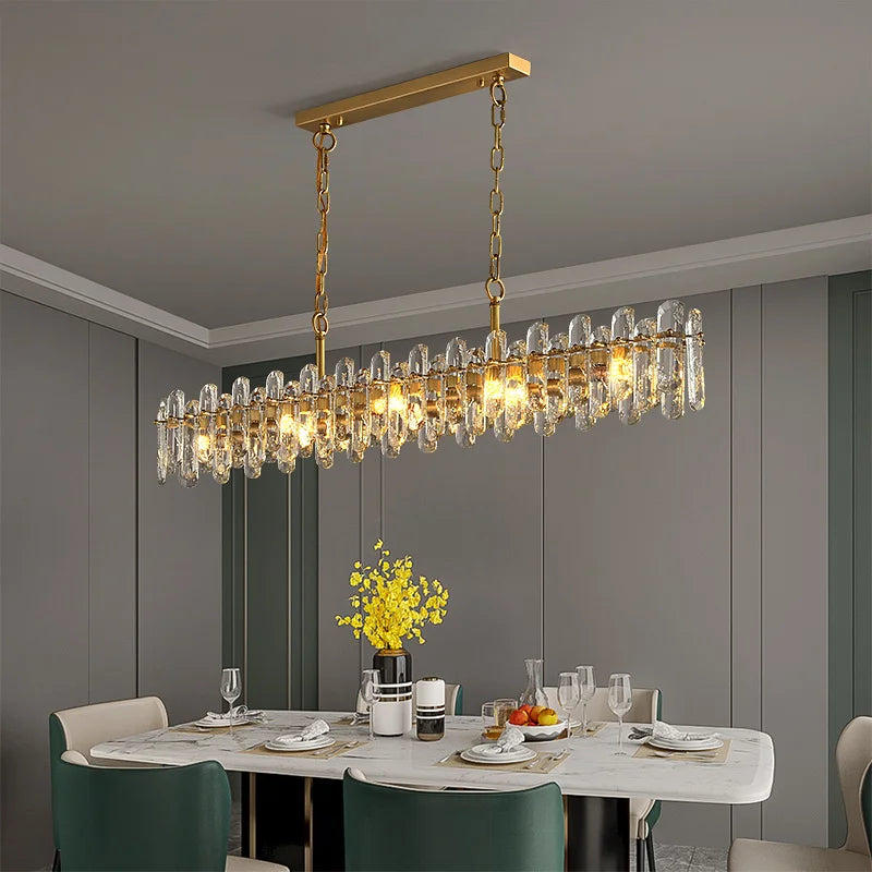 lampe suspendue cristal or moderne élégante chaînes brillants transparents chambre restaurant cuisine