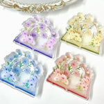 cadre photo acrylique transparent floral livres décoratifs pages blanches motifs fleurs artisanal violet bleu