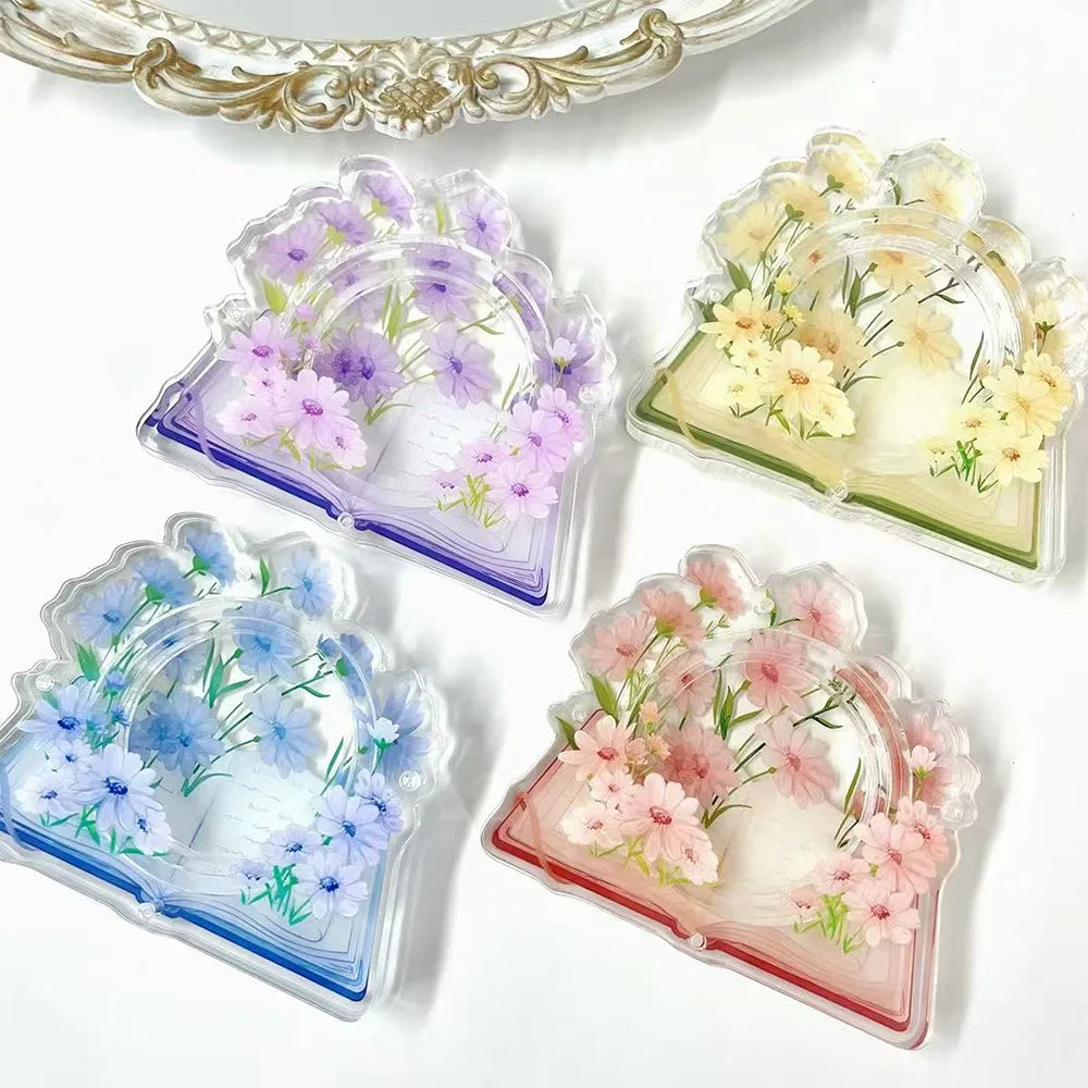 cadre photo acrylique transparent floral livres décoratifs pages blanches motifs fleurs artisanal violet bleu