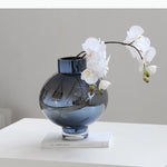 vase moderne bleu foncé transparent arrangement fleurs orchidée hydrangea tulipes
