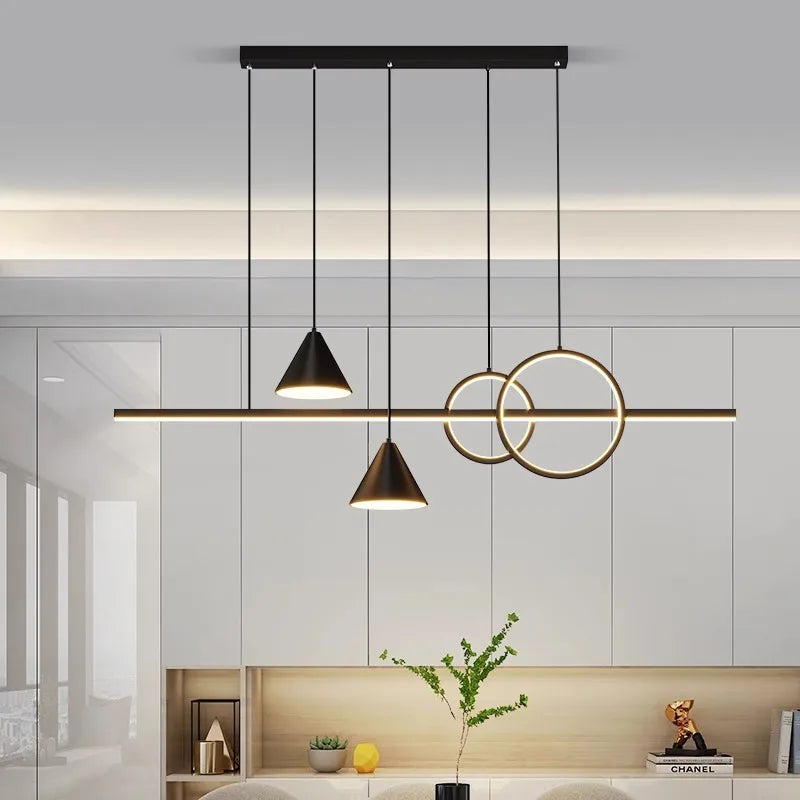 lustre led moderne suspension noir doré blanc minimaliste abatjour conique annulaire