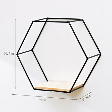 étagère murale hexagonnelle moderne plateau bois cadre métallique noir minimaliste chambre rangement décoration maison