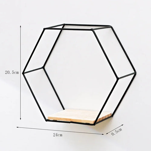 étagère murale hexagonnelle moderne plateau bois cadre métallique noir minimaliste chambre rangement décoration maison