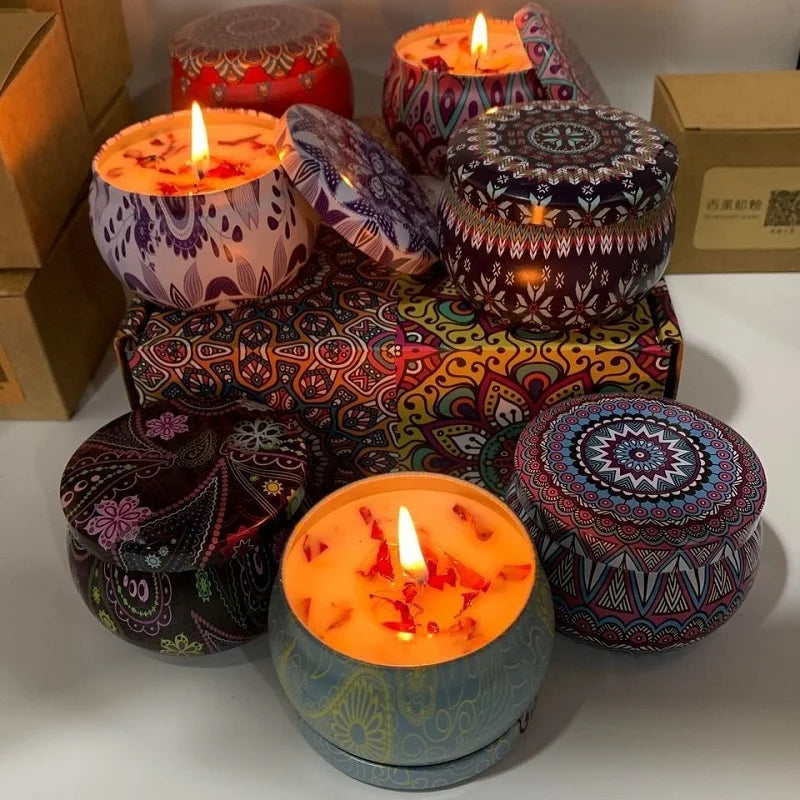 bougie parfumée cire soja boho chic motif mandala couvercle boîte rangement