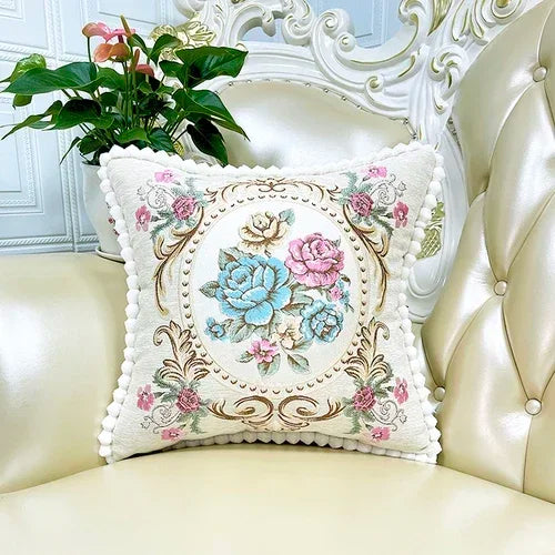 coussin carré brodé fleurs pompons élégant lavable 40x40cm 58x58cm polyester coton