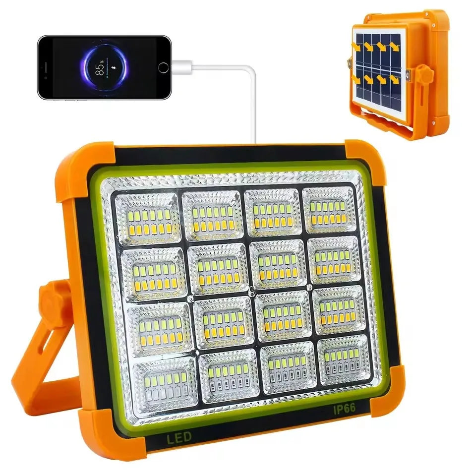 lampe solaire portable orange moderne étanche ip66 poignée articulée panneau solaire usb
