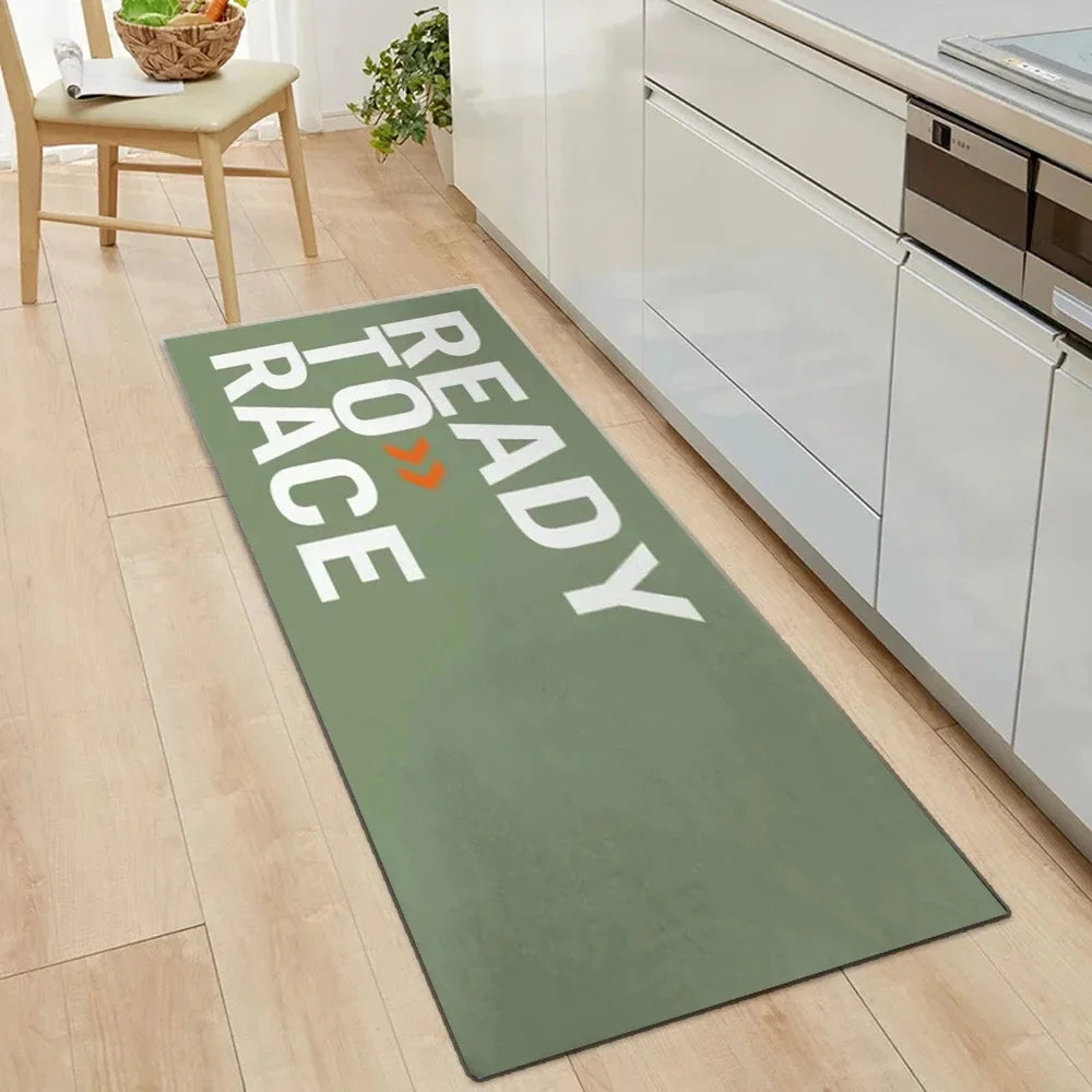 tapis sol moderne rouge orange noir lettres ready to race polyester rectangle