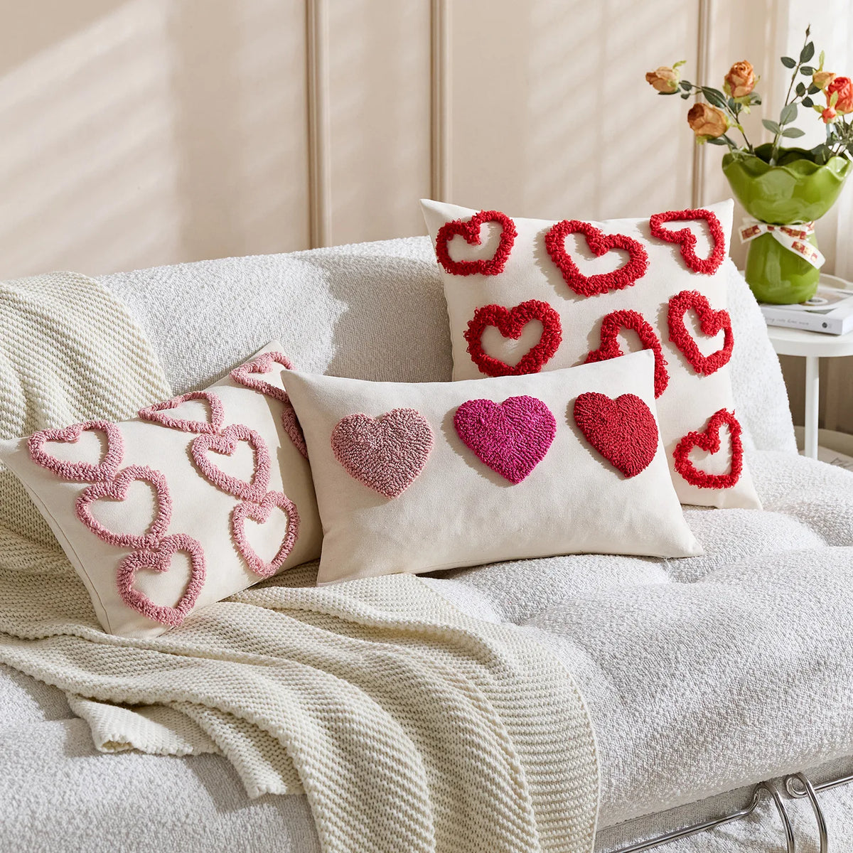 housse coussin brodée cœur relief rouge rose décoration maison festive mariage voiture 45x45cm 30x50cm