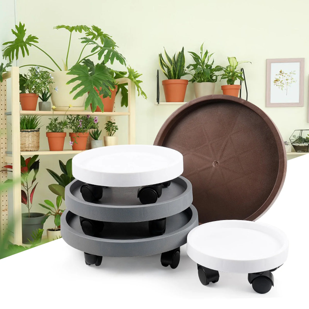 plateau fleurs moderne plateau poterie roulettes surface froissée gris blanc marron multifonctionnel