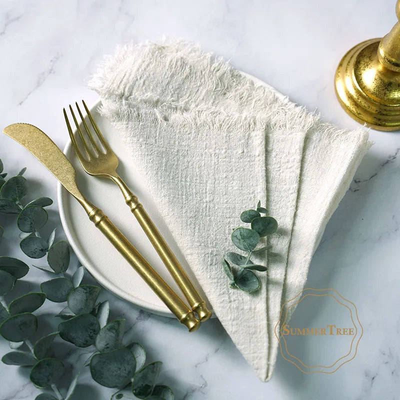 serviettes cuisine rustiques coton noir orange beige blanc rose pâle franges rustic naturel